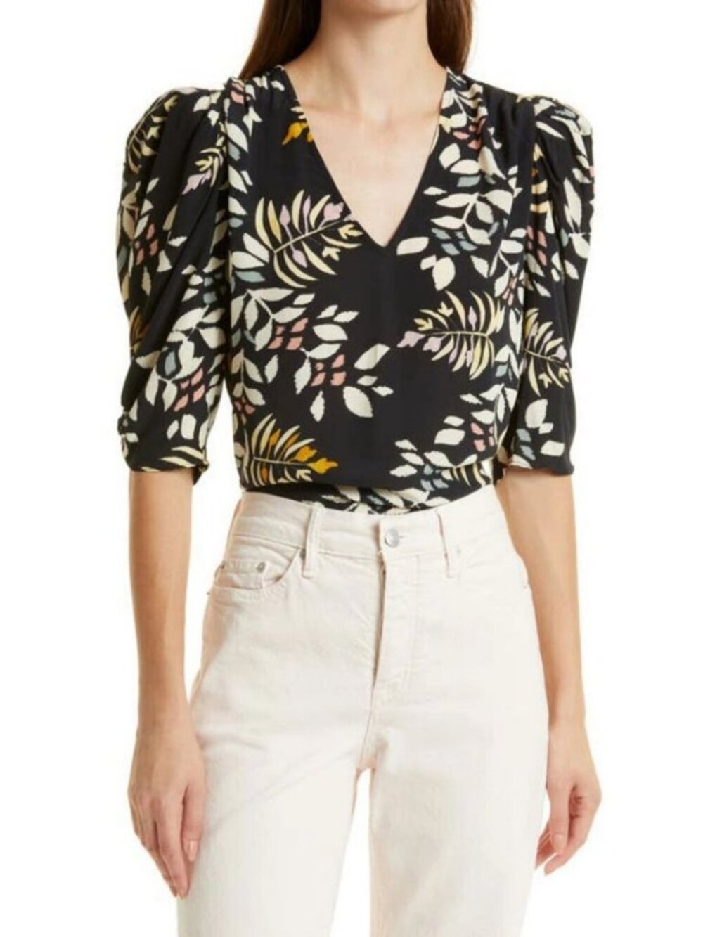 BA&SH Cross Top Floral Leaf Print Puff Sleeve Top Black / Size Small / US 4